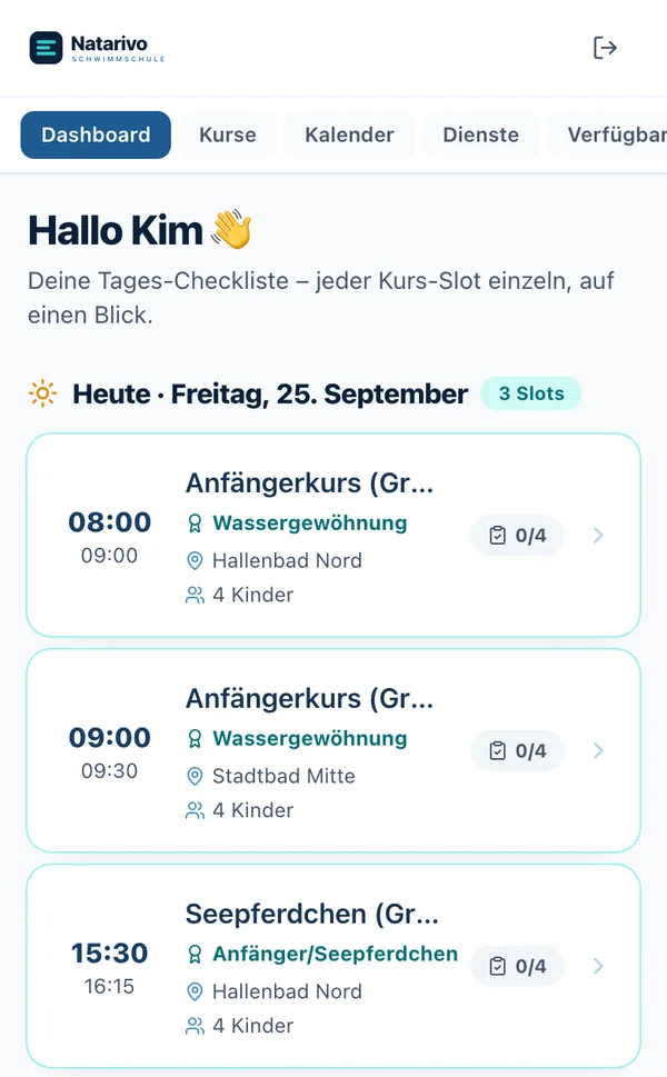Trainerportal auf dem Handy: die Kurse des Tages mit Ort, Kinderzahl und Anwesenheit