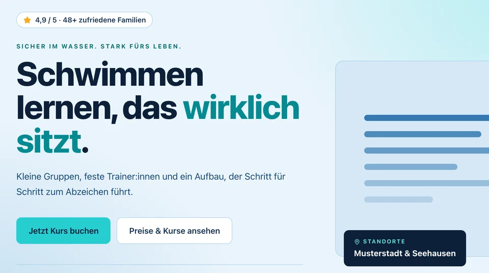 Startseite einer Schwimmschule mit Kursangebot und Buchungsknopf