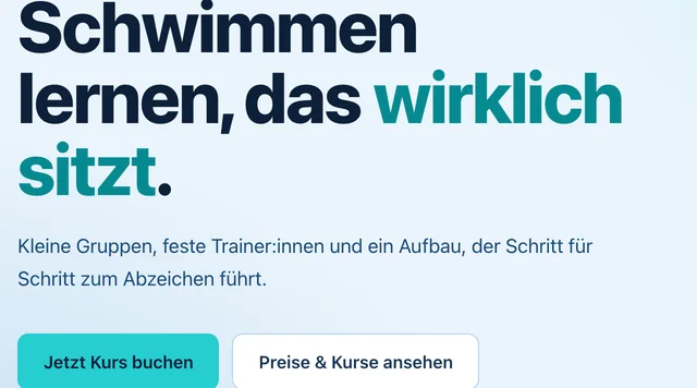 Startseite einer Schwimmschule mit Kursangebot und Buchungsknopf